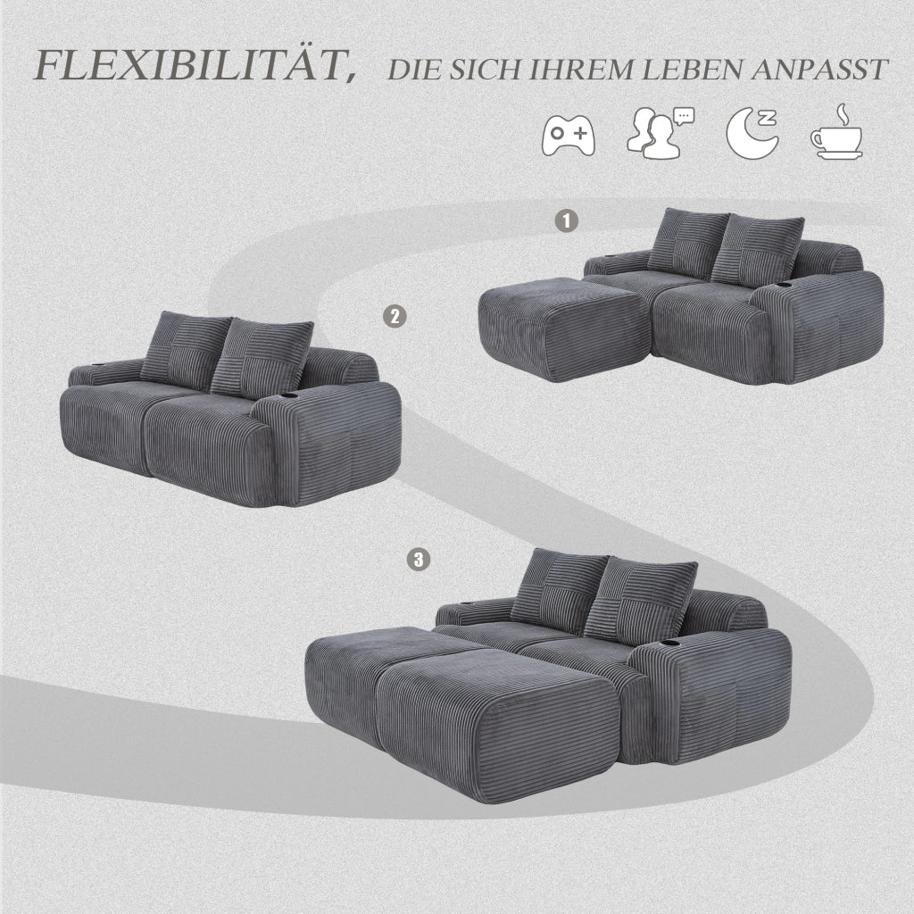 Divano modulare 2 posti con portabevande e tasca laterale in tessuto a coste grigio scuro, 200 × 174 × 80 cm