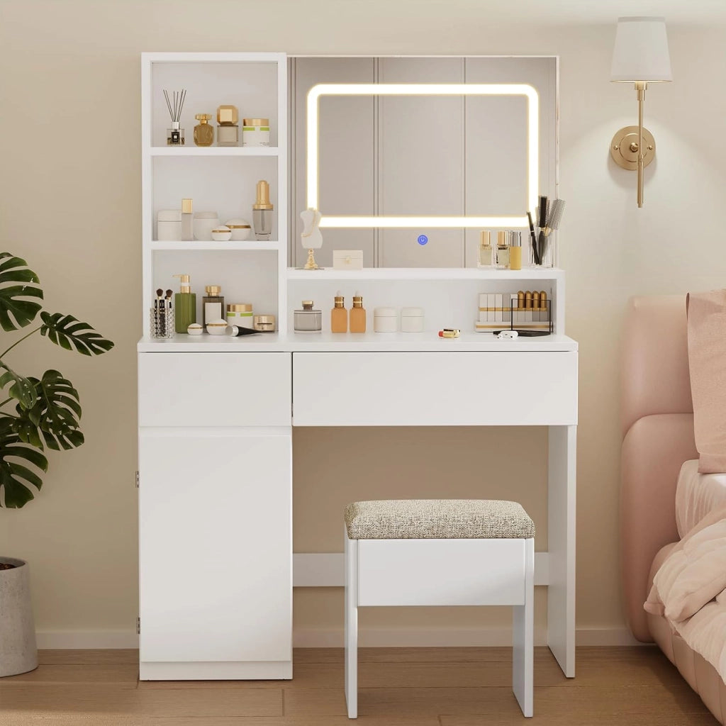 Toeletta Trucco con Specchio, Luci LED Regolabili, Ripiani Regolabili con 2 Cassetti，Postazione Trucco,Tavolo da Toilette Moderno in Legno Bianco