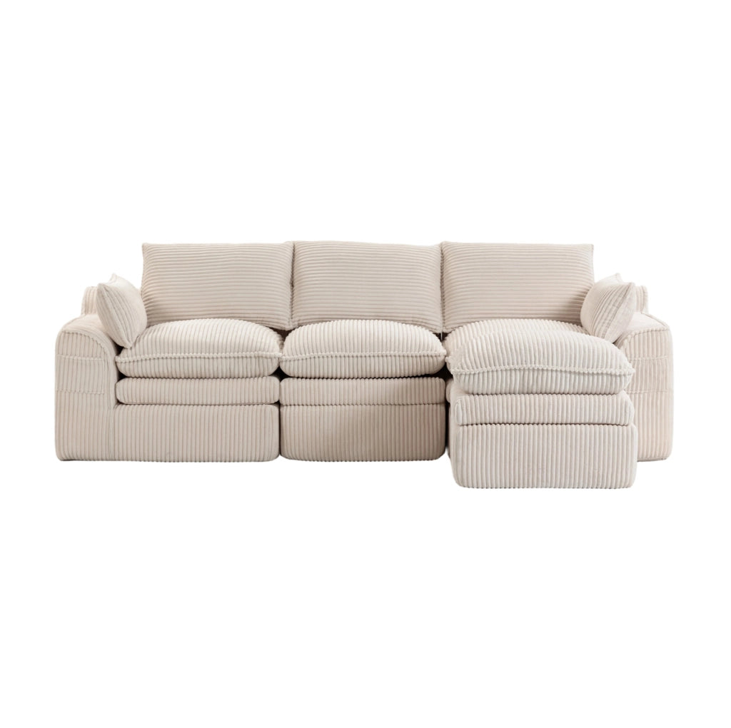 Divano modulare a 3 posti in corduroy beige con pouf; tasche laterali e cuscini 263x167x85 cm