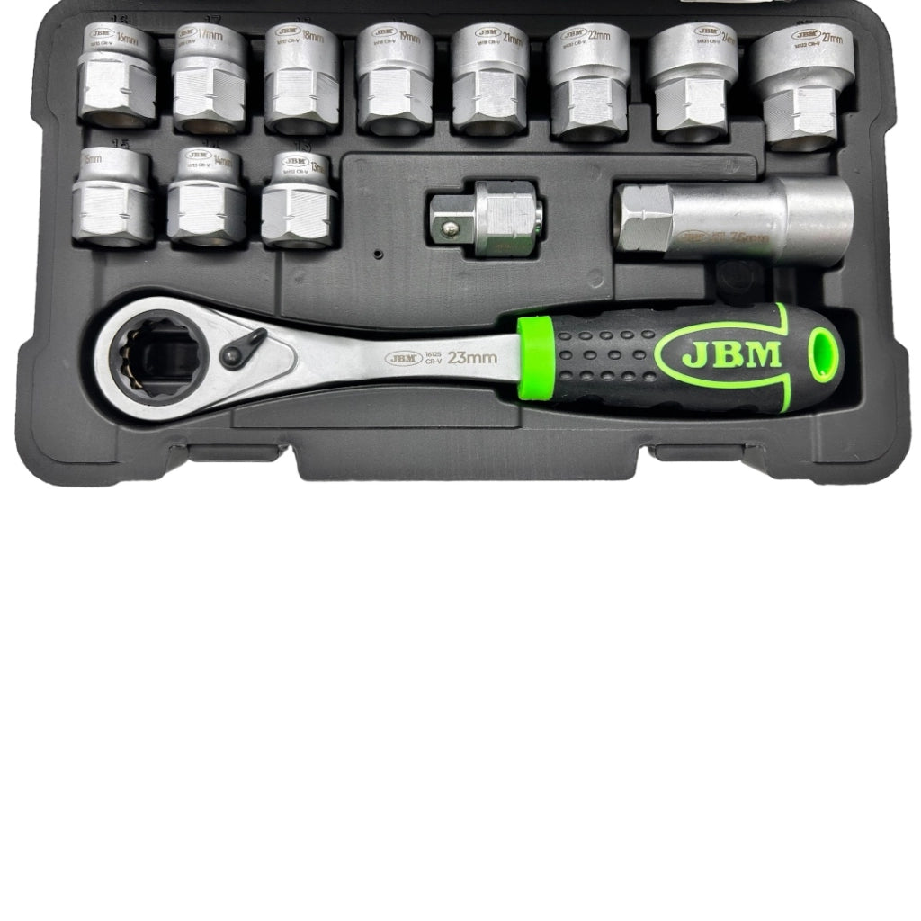Cassetta di Utensili JBM Go Trough con Cricchetto Salva Spazio Reversibile – Set da 14 pezzi per perni lunghi e bussole esagonali