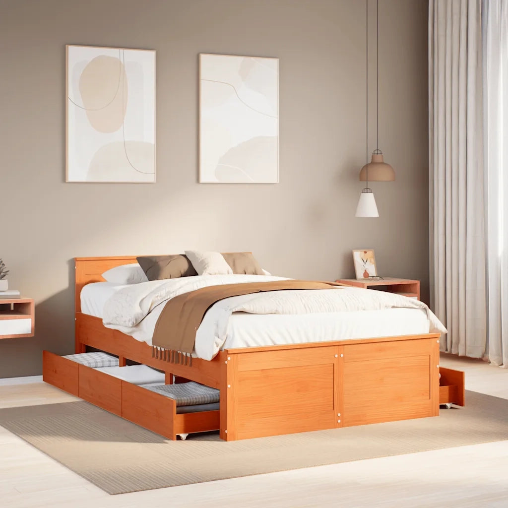 Letto matrimoniale | Letto per adulti | Giroletto senza Materasso con Testata Marrone Cera 135x190 Pino
