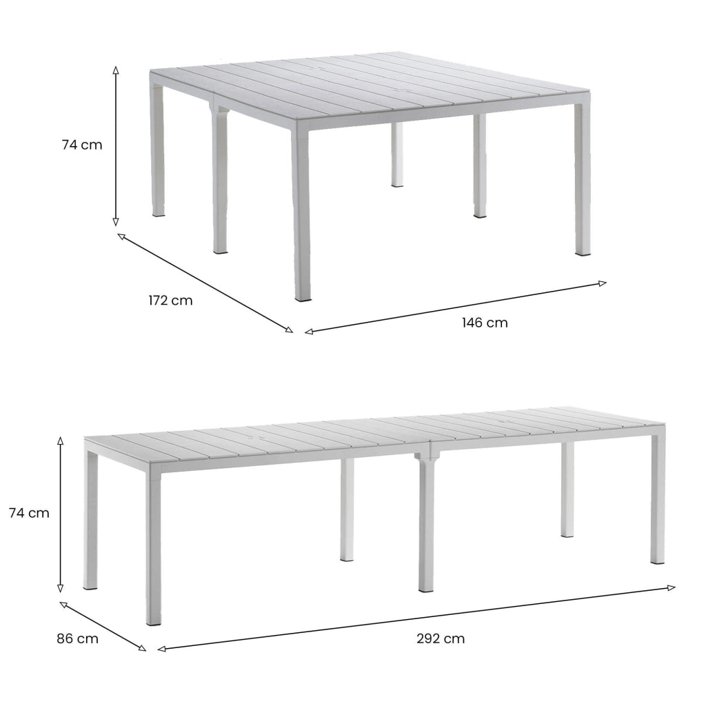 Tavolo da esterno Campana, Base per picnic, Piano da pranzo da giardino multiposizione, Banco outdoor multiuso, Made in Italy, 292x86 h74 cm, Bianco