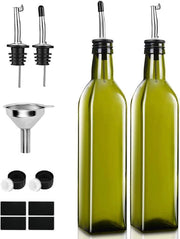 Dispensatore di Olio d'Olive 2 pezzi 500ml con Uscita per Versare Olio Cucina con Set di Misurazione per Aceto e Cucchiaio per Cucina Grill Pasta Insalate e Frittate