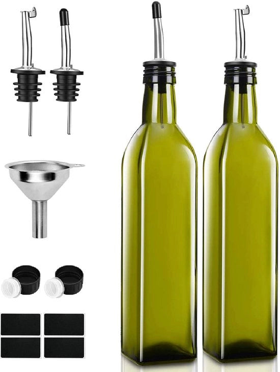 Dispensatore di Olio d'Olive 2 pezzi 500ml con Uscita per Versare Olio Cucina con Set di Misurazione per Aceto e Cucchiaio per Cucina Grill Pasta Insalate e Frittate