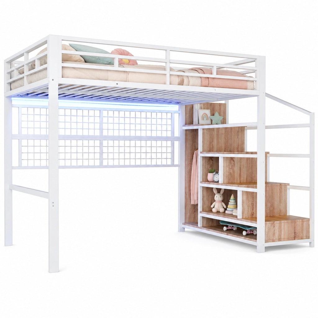 Letto a soppalco 140x200 con scala contenitore, griglia sospesa e LED