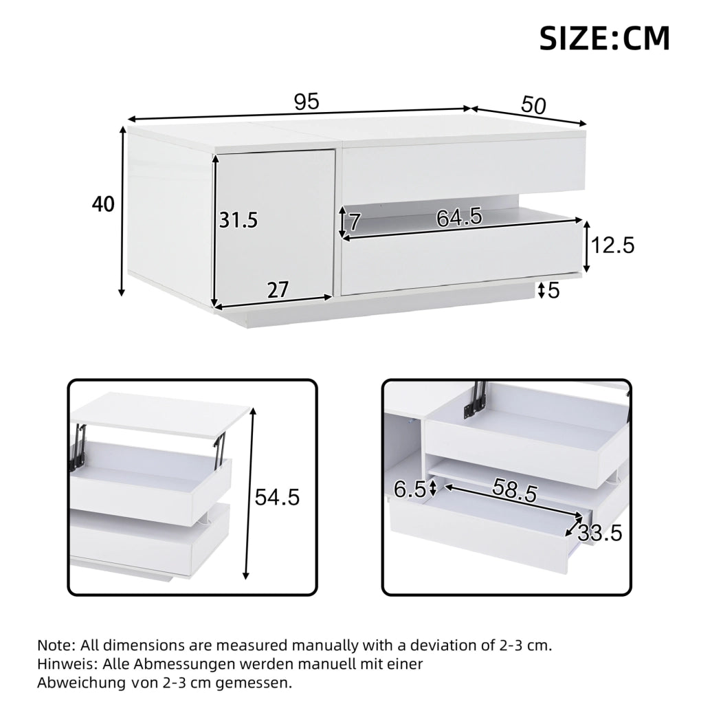 Tavolino da salotto alzabile con LED; cassetto e vano contenitore 90x50x34;5 cm in truciolare bianco