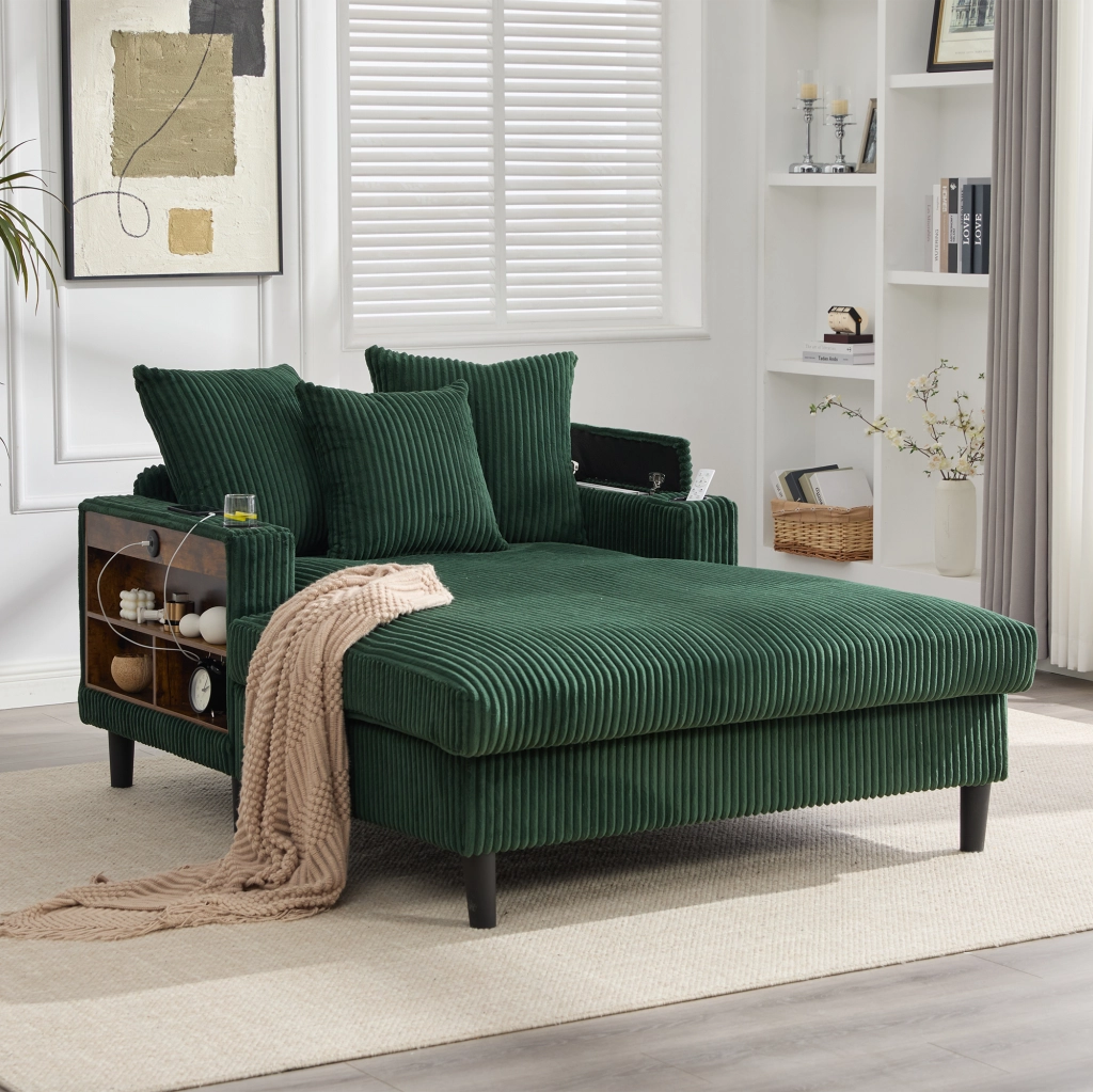 Divano Angolare in Velluto a Coste con Chaise Longue ¨C MINIMAL ¨C con LED, USB, Contenitore, Portabicchieri