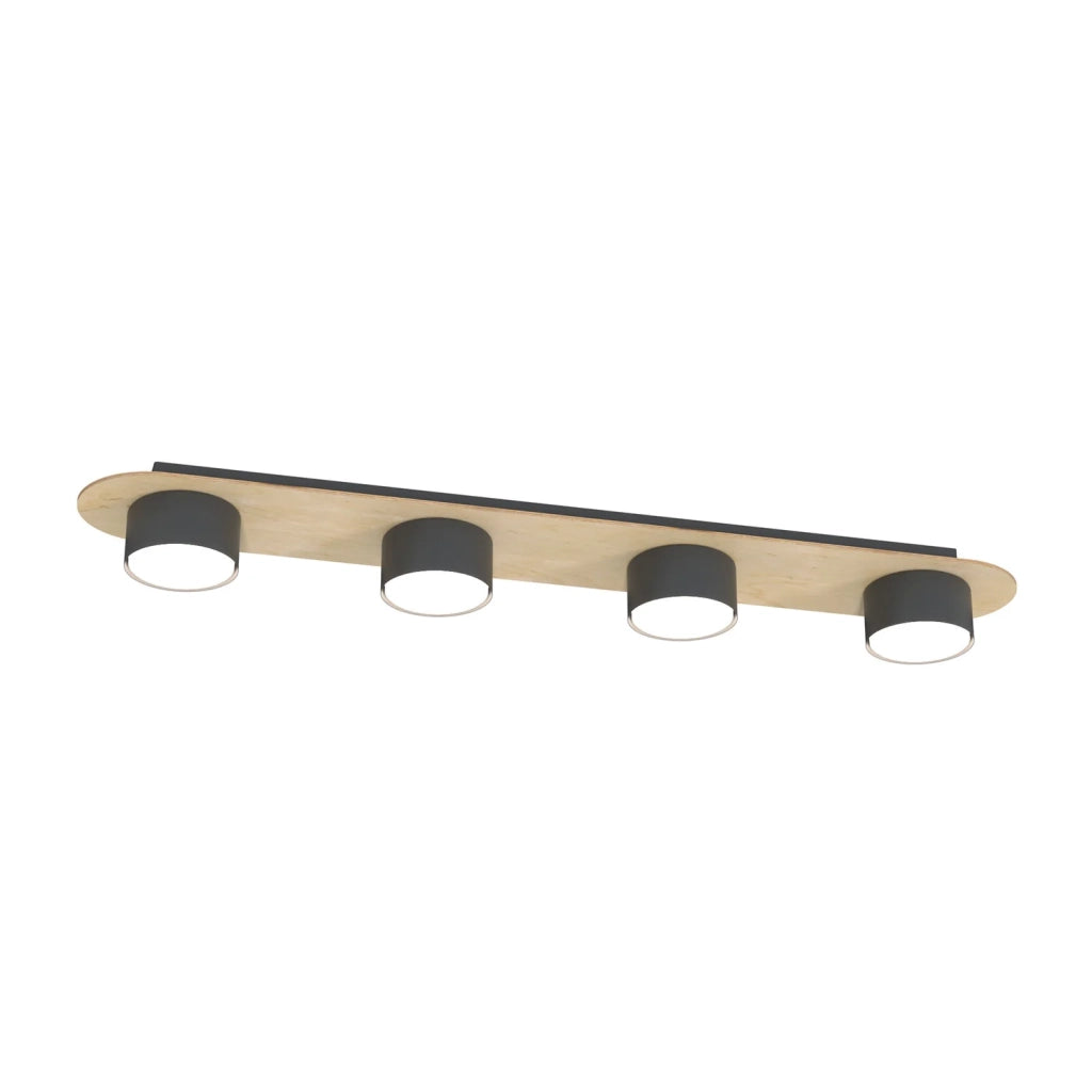 Plafoniera 4 Luci Freya In Acciaio Nero E Legno Naturale Diffusore A Cilindro