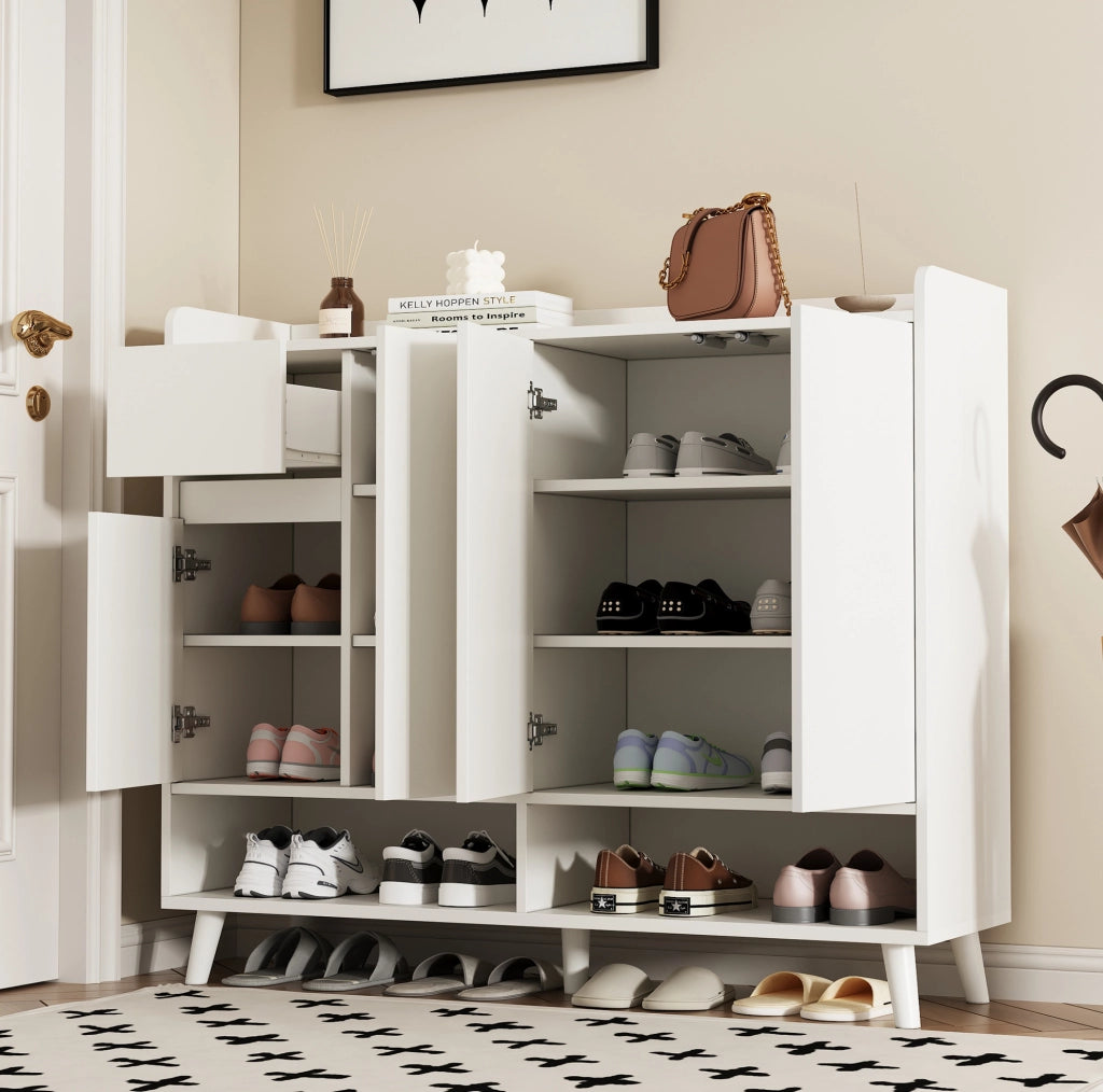 Mobile da ingresso moderno con ripiano regolabile; 1 cassetto e 4 ante; 120x35x99 cm; bianco