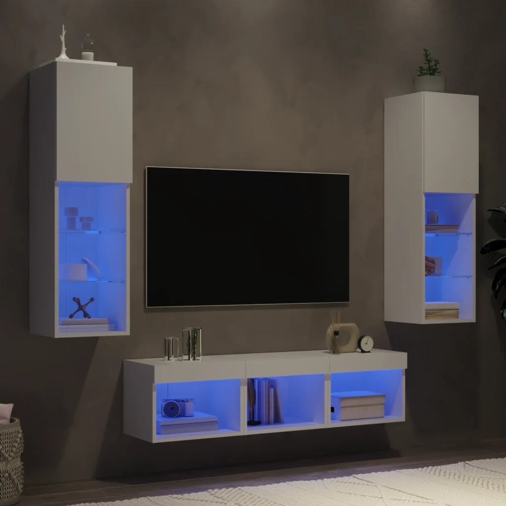 Mobili TV a Muro con LED 5pz Bianchi in Legno Multistratocod mxl 86255