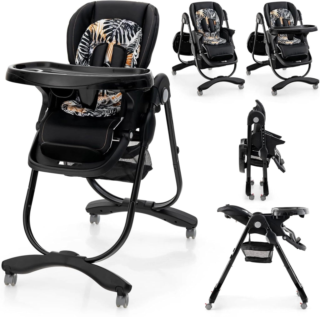 Seggiolone Pappa Bambini Pieghevole, Altezza Regolabile (Nero) | Seggiolone Multifunzione con 4 Ruote, Poggiapiedi e Schienale, Vassoio Rimovibile, per 6-36 Mesi, Fino a 15 kg