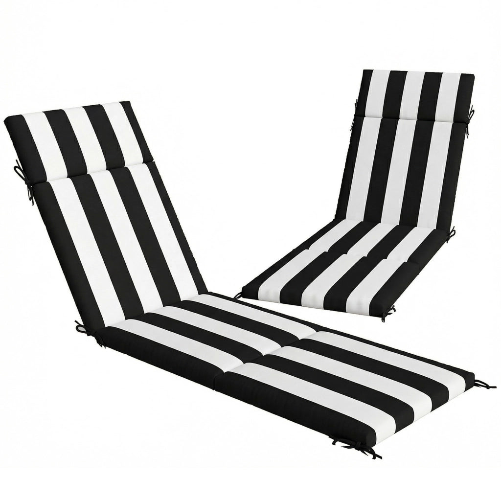 Set 2 Cuscini per Sedie da Esterno 183x54x6,5 cm con 6 Lacci di Fissaggio in Cotone Nero e Bianco