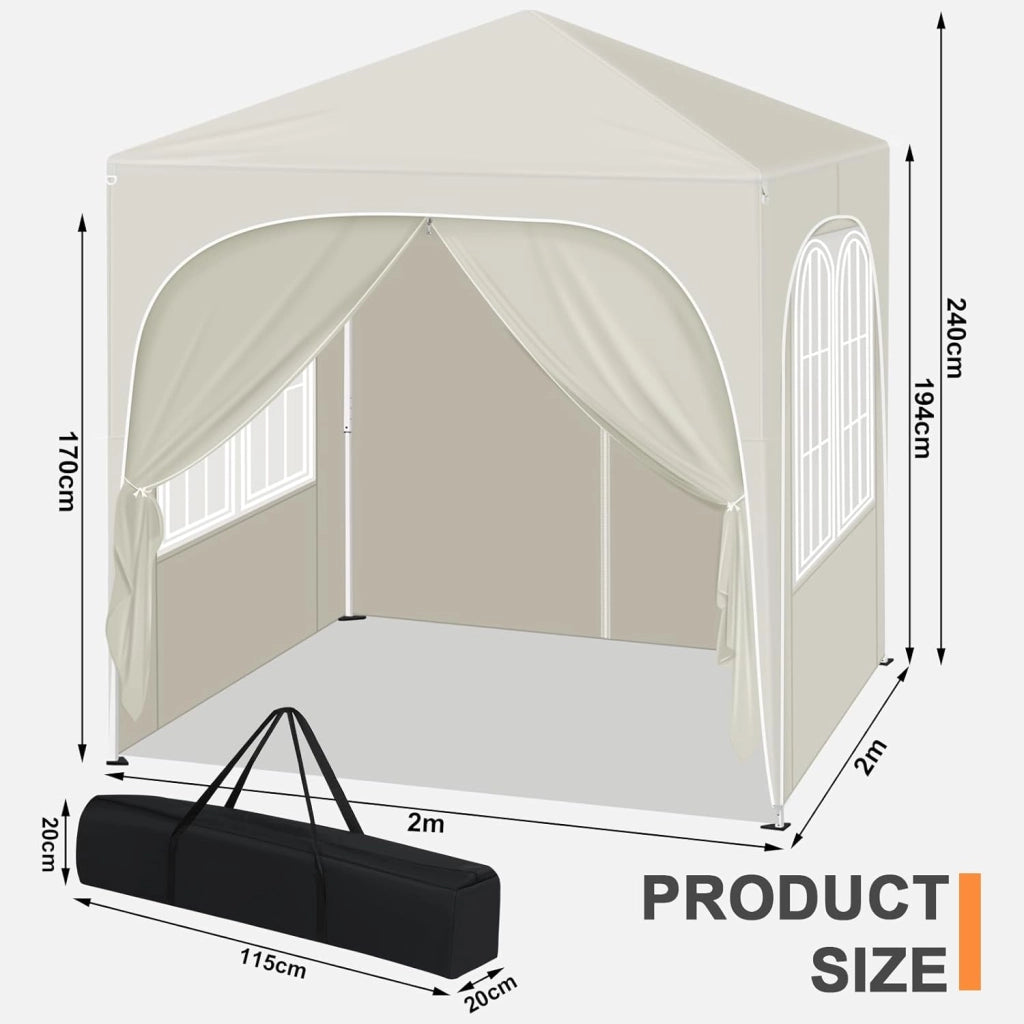 Gazebo da Giardino Richiudibile 2x2m con Pannelli Laterali,Gazebo da Esterno in Ferro Regolabile in Altezza Tendone con Soffitto Semicircolare Pieghevole,Set di 4 Sacchi di Sabbia,Beige