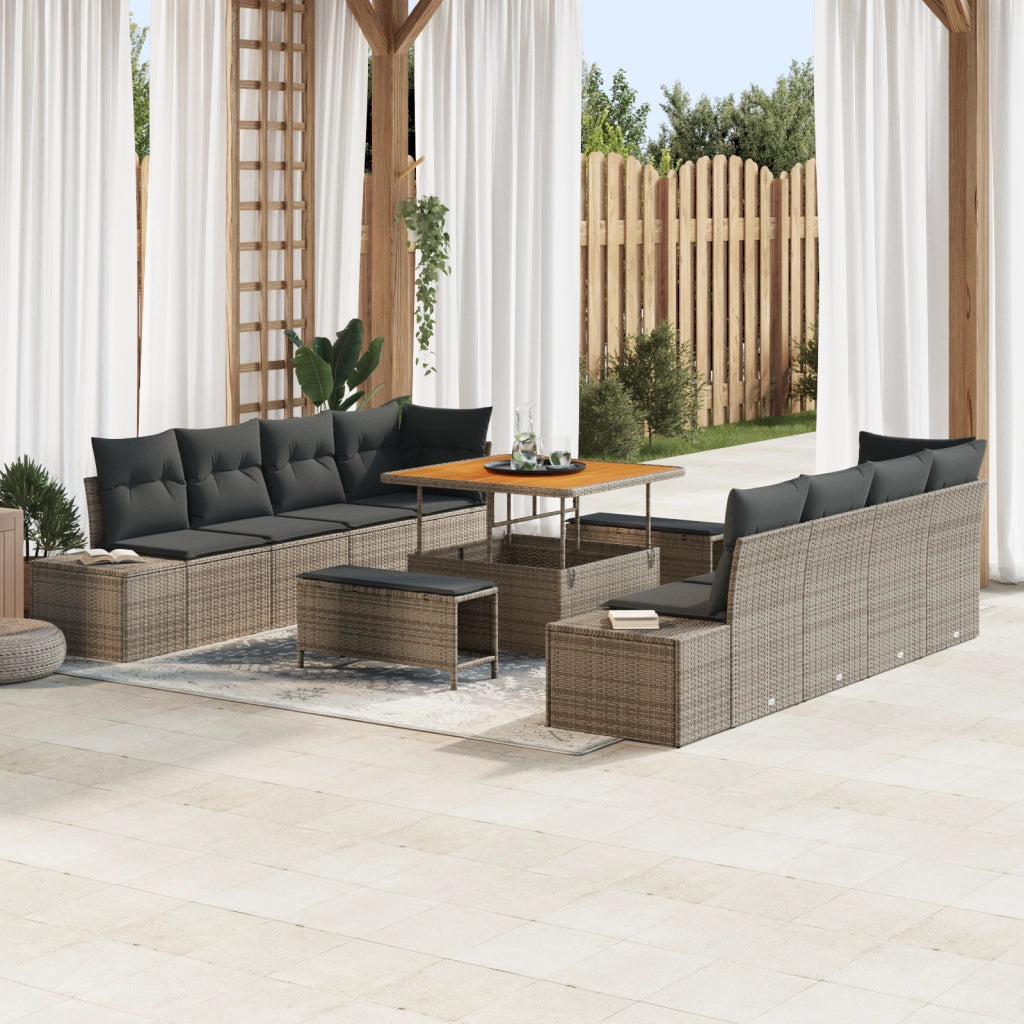 Set di divano da giardino in 11 pezzi con cuscini grigi in polyrattan acacia