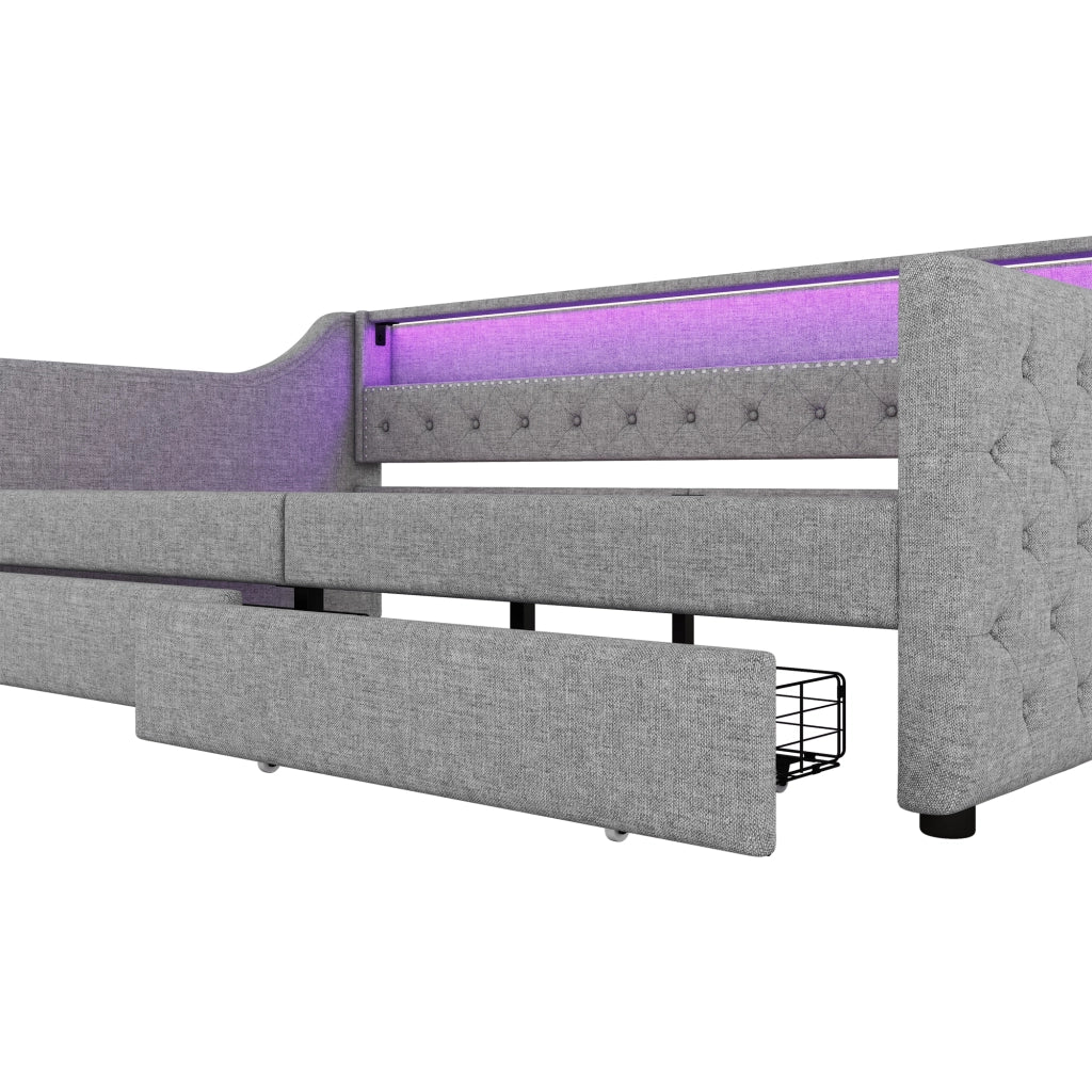Letto con cassetti singolo 90×200 cm con LED regolabile e USB; senza materasso; lino; grigio