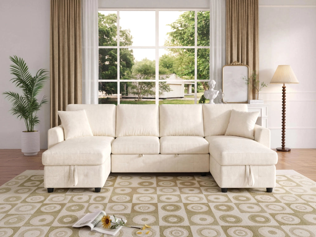 Divano letto a U in chenille beige con funzione estraibile, 2 chaise longue contenitore, USB e Type-C, 260¡Á128¡Á82 cm
