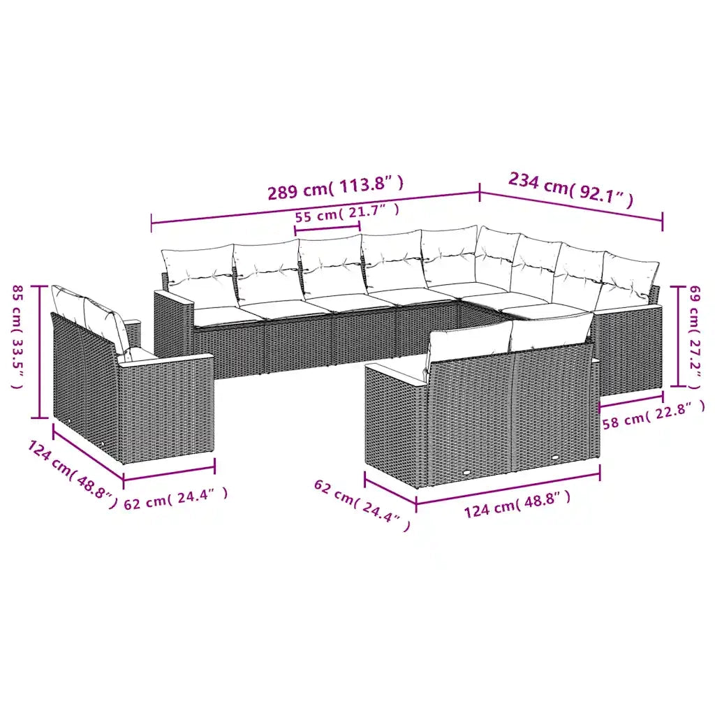 Set Divani da Giardino 12 pz con Cuscini Grigio in Polyrattan 3226516