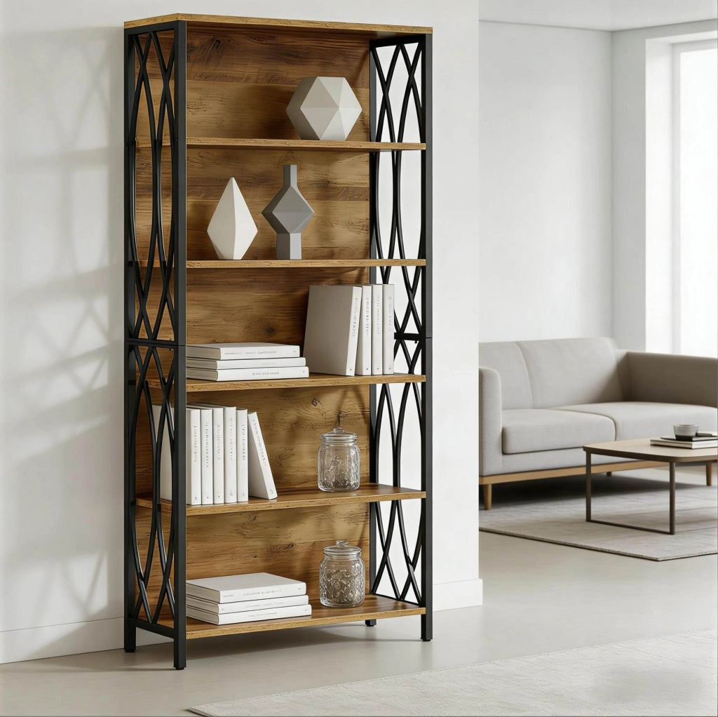 Libreria ULEVR alta 180 cm in MDF e metallo, con decoro a tralci e protezioni laterali, nero e marrone
