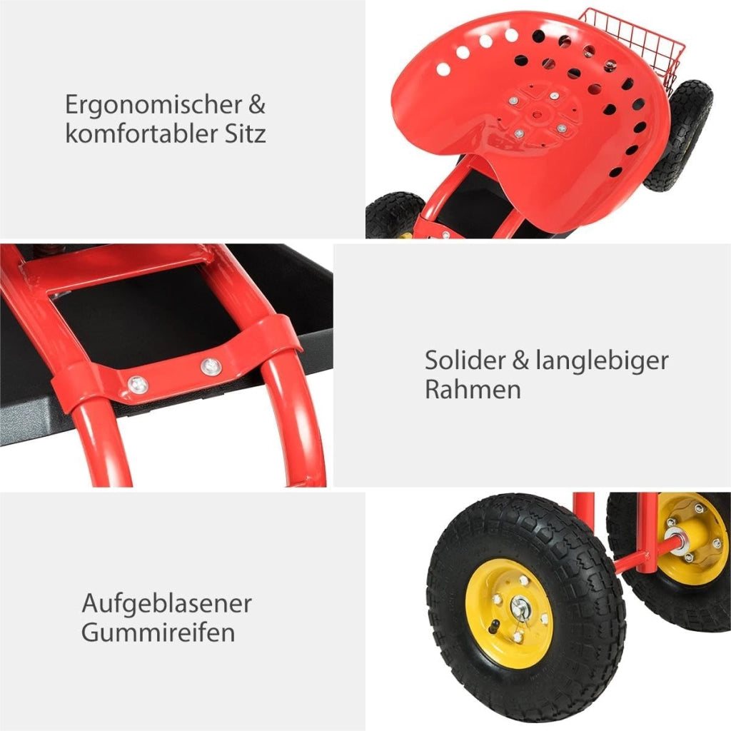 Sedia a rotelle per giardinaggio, girevole a 360° e regolabile in altezza da 46 a 53 cm, con cestino e ripiano, portata 150 kg, per giardinaggio e cura dell'auto (rosso)