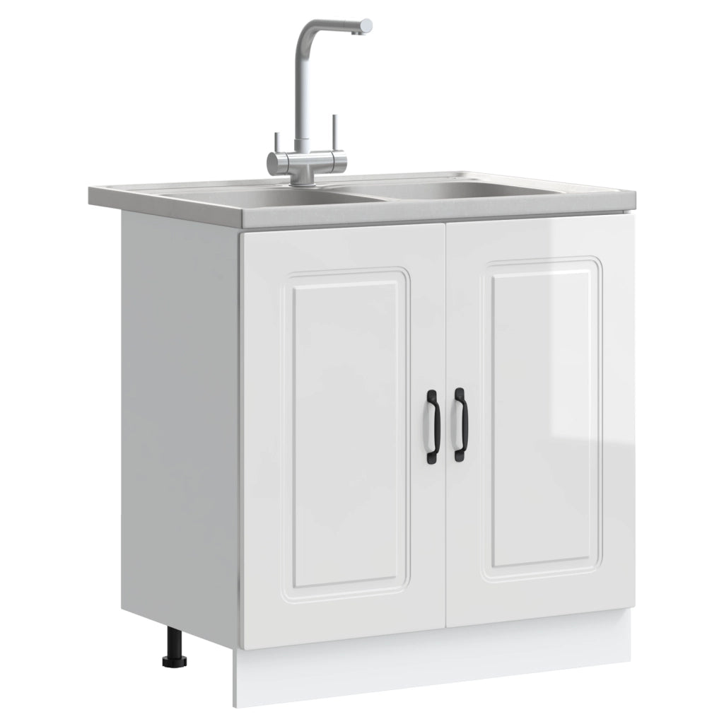 Mobiletto da cucina  "Kalmar" con doppi lavabi in legno ingegnerizzato bianco lucido