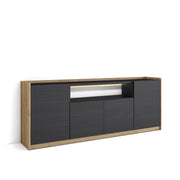 Credenza, Mobile, Cucina, 207x80x37 cm, 4 Porte, LED, Nero e rovere