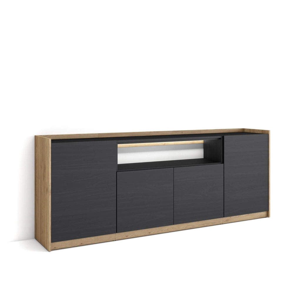 Credenza, Mobile, Cucina, 207x80x37 cm, 4 Porte, LED, Nero e rovere