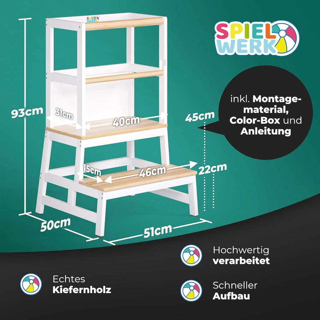 Spielwerk Torre Montessoriana Apprendimento per Bambini in Legno con Lavagna Sgabello Torretta Montessori Didattica Learning Tower 50 x 51 x 93 cm a partire da 2 anni