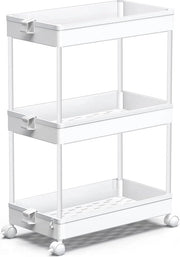 Carrello di archiviazione a 3 livelli, estrazione del carrello su ruote, scaffale di archiviazione su ruote, organizzatore multifunzionale per ufficio, cucina, camera da letto, bagno, zona lavanderia e comò, bianco