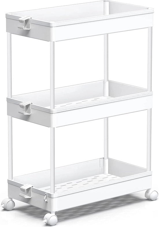 Carrello di archiviazione a 3 livelli, estrazione del carrello su ruote, scaffale di archiviazione su ruote, organizzatore multifunzionale per ufficio, cucina, camera da letto, bagno, zona lavanderia e comò, bianco