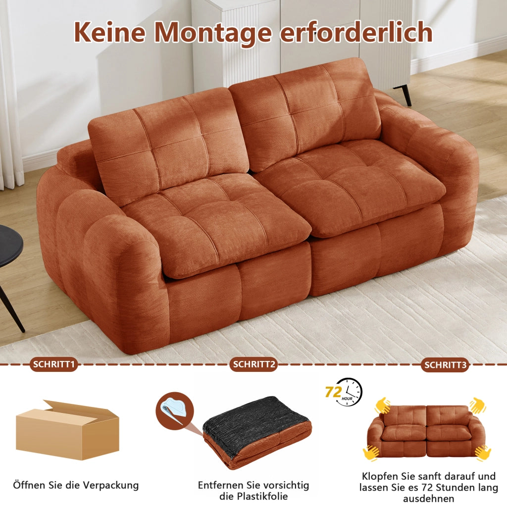 Divano modulare a 2 posti con seduta profonda, comfort ergonomico e montaggio nullo per salotto, in ciniglia arancione