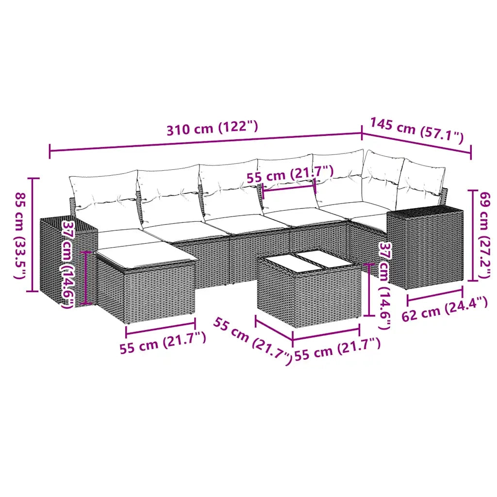 Set Divano da Giardino 8pz con Cuscini Grigio Chiaro Polyrattan