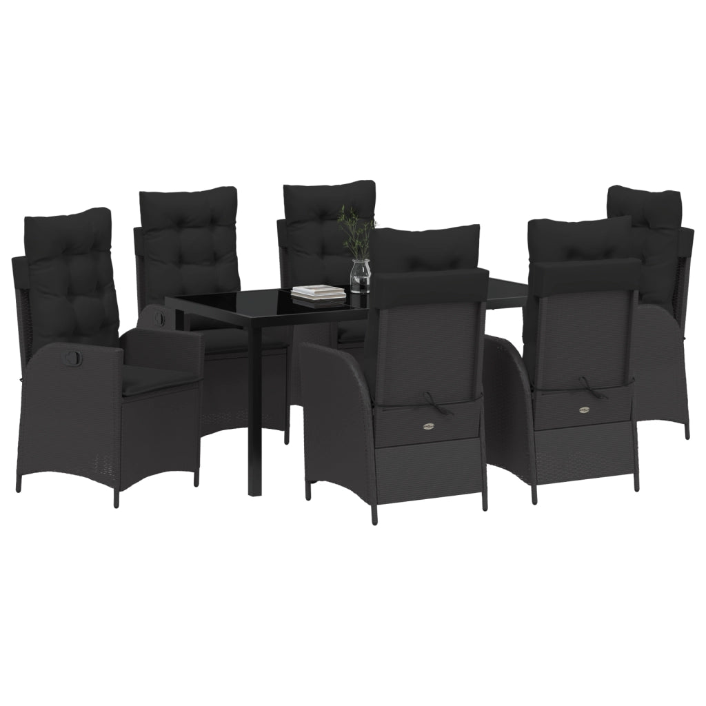 Set da Pranzo da Giardino 7 Pezzi con Cuscini Nere in Polyrattan