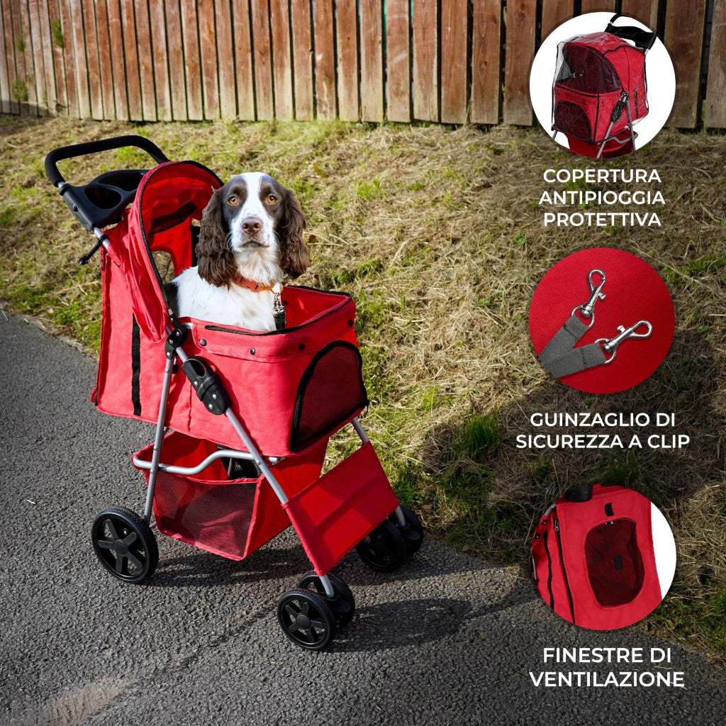 Passeggino per animali domestici Trasportino pieghevole Trolley da viaggio per gatti e cani Copertura anti-pioggia – Rosso