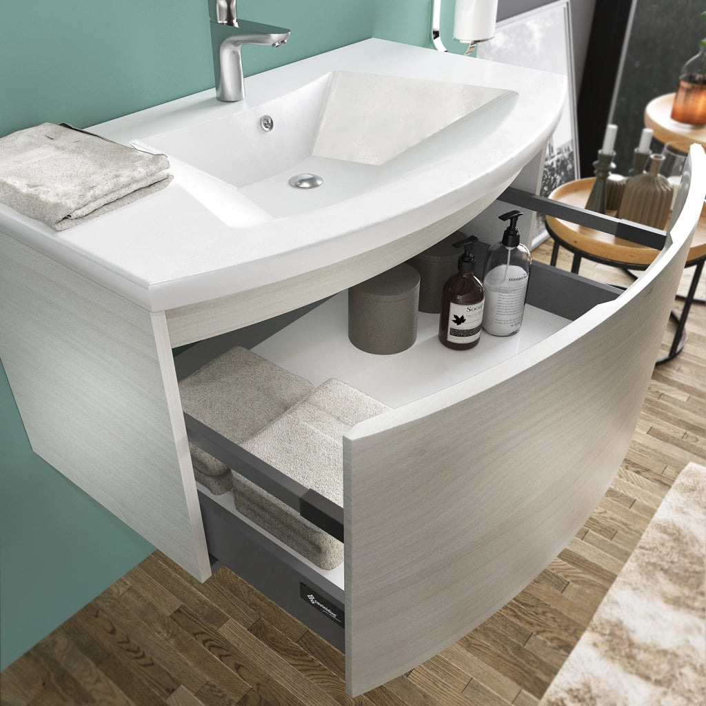 Mobile Bagno Sospeso 80 cm con Lavabo Specchio Lampada Moderno Minimalista Sole