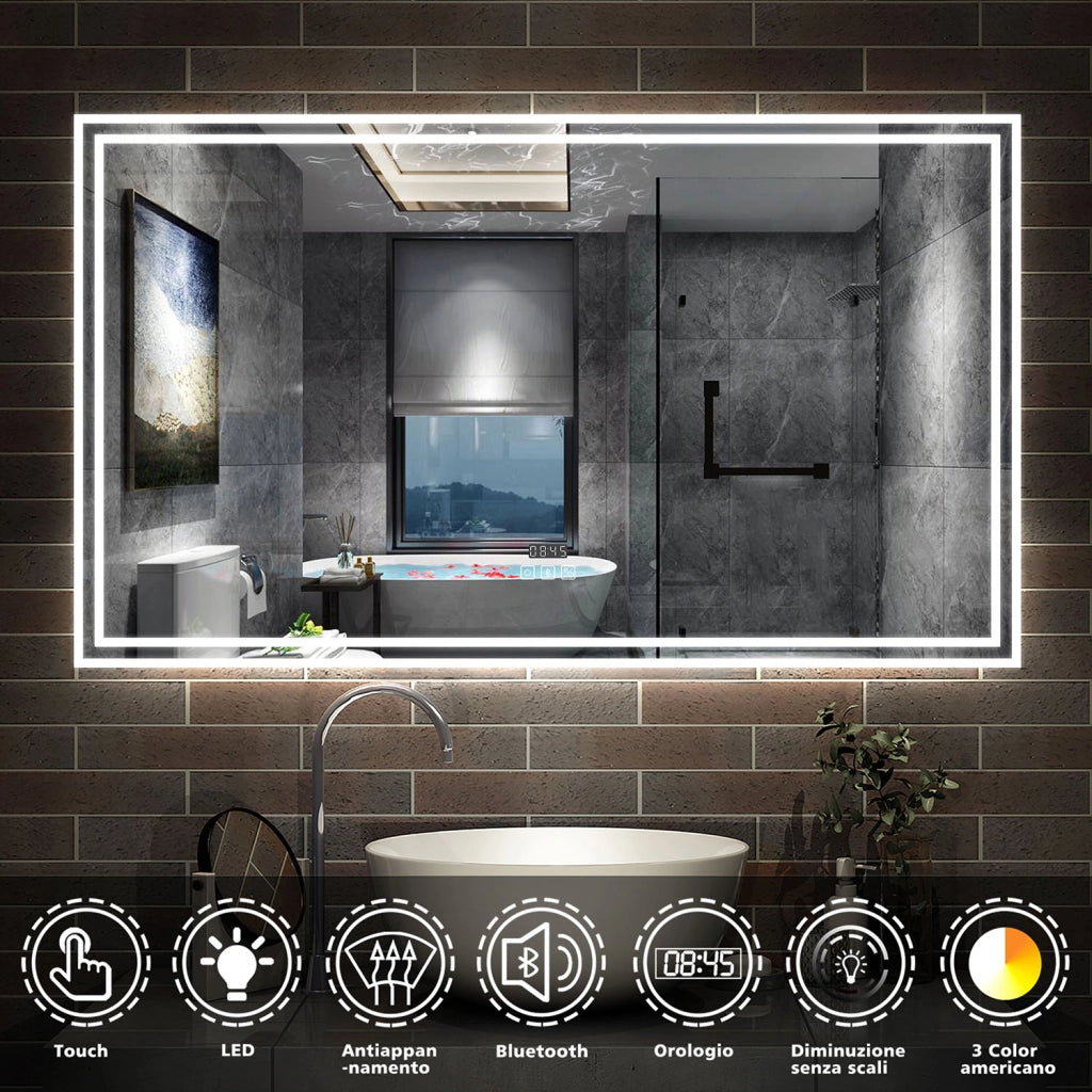 Aica Specchio da bagno a LED+160x80cm+Disappannamento+orologio+Bluetooth+3 Temperature di Colore