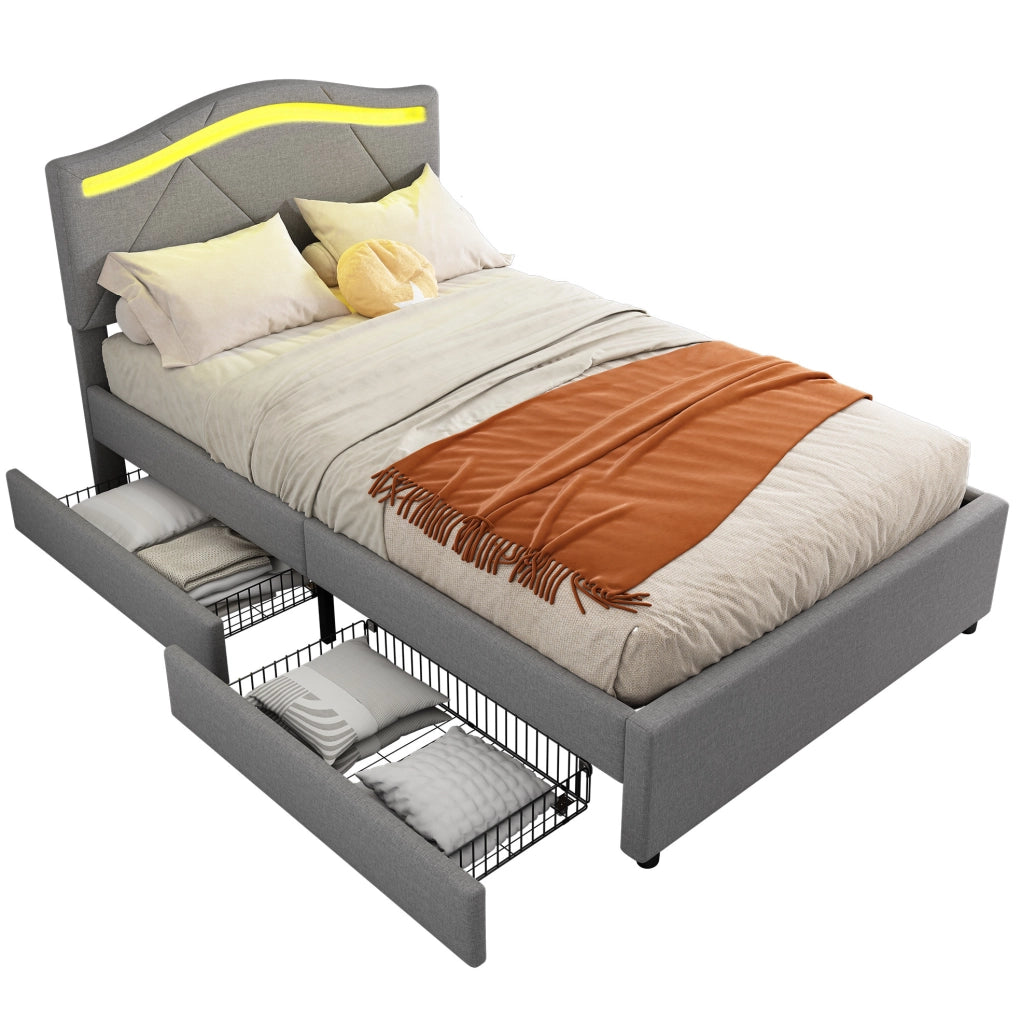 Letto imbottito 90x200 cm con LED; cassetti e testiera regolabile in lino grigio