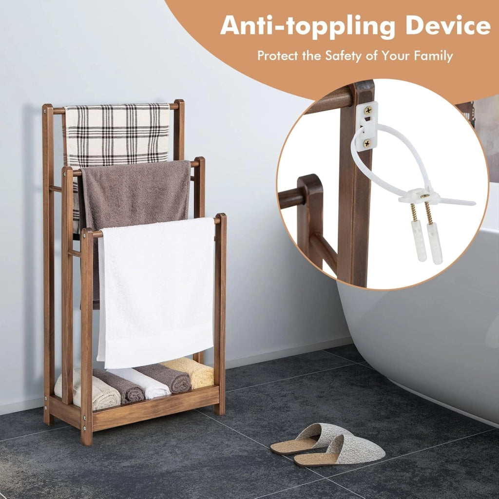 Porta Asciugamani, Porta Asciugamani da Terra, Porta Asciugamani da Terra in Legno, con 3 Aste per Asciugamani, con Ripiano Portaoggetti, Accessori da Bagno in Legno