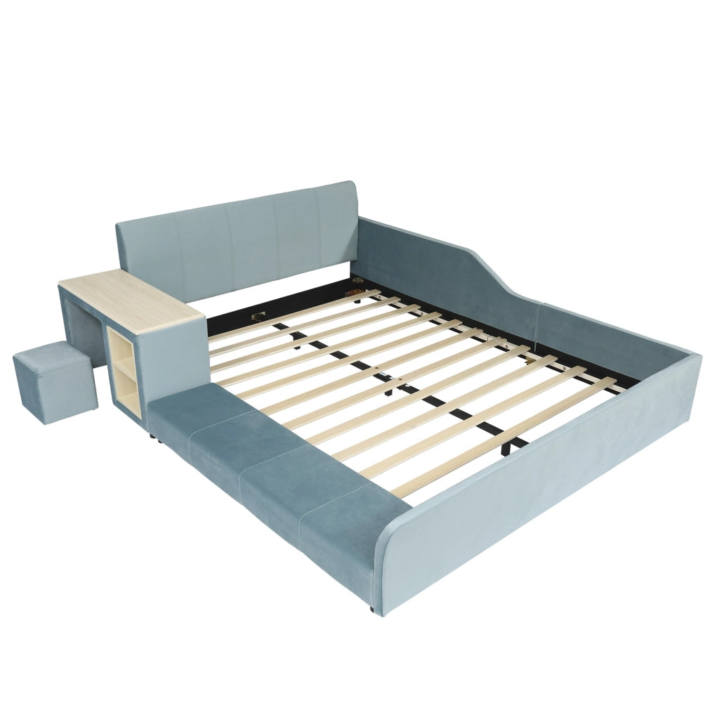 Letto imbottito 140x200 cm blu in velluto con scrivania laterale e sgabello