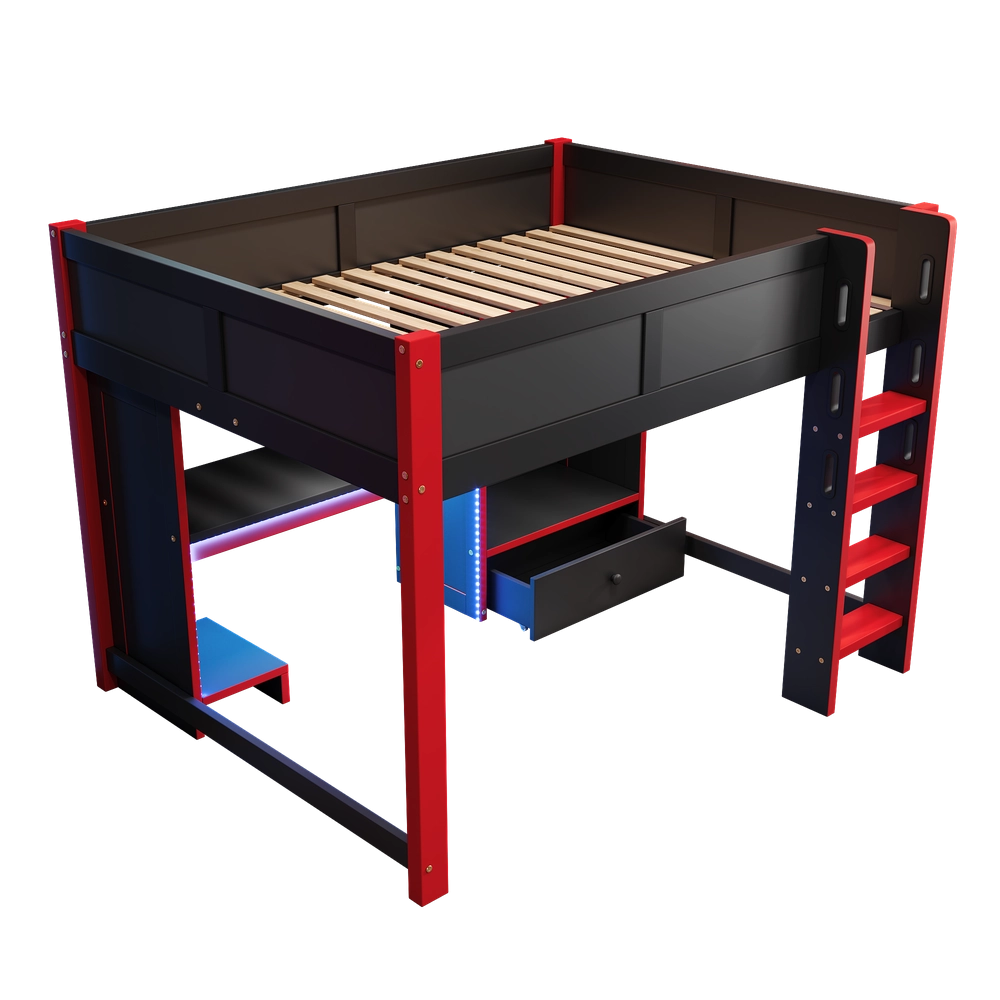 Letto a Soppalco Gaming con Scrivania e Cassetti ¨C Xylo ¨C Nero 140x200 cm con LED