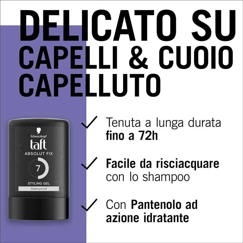 SCHWARZKOPF GEL N 7 TAFT ABSOLUT FIX STYLING GEL 300 ML PER CAPELLI RESISTENTE ALL'ACQUA VEGANO E WATERPROOF