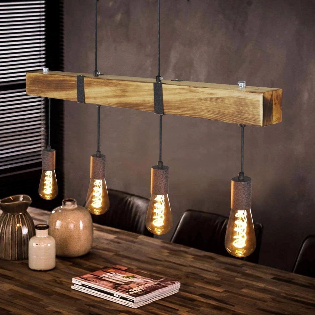 Lampada a sospensione ZMH retr¨° 4 lampadine E27 Diametro 80 cm con trave in legno Adatta per sala da pranzo e cucina