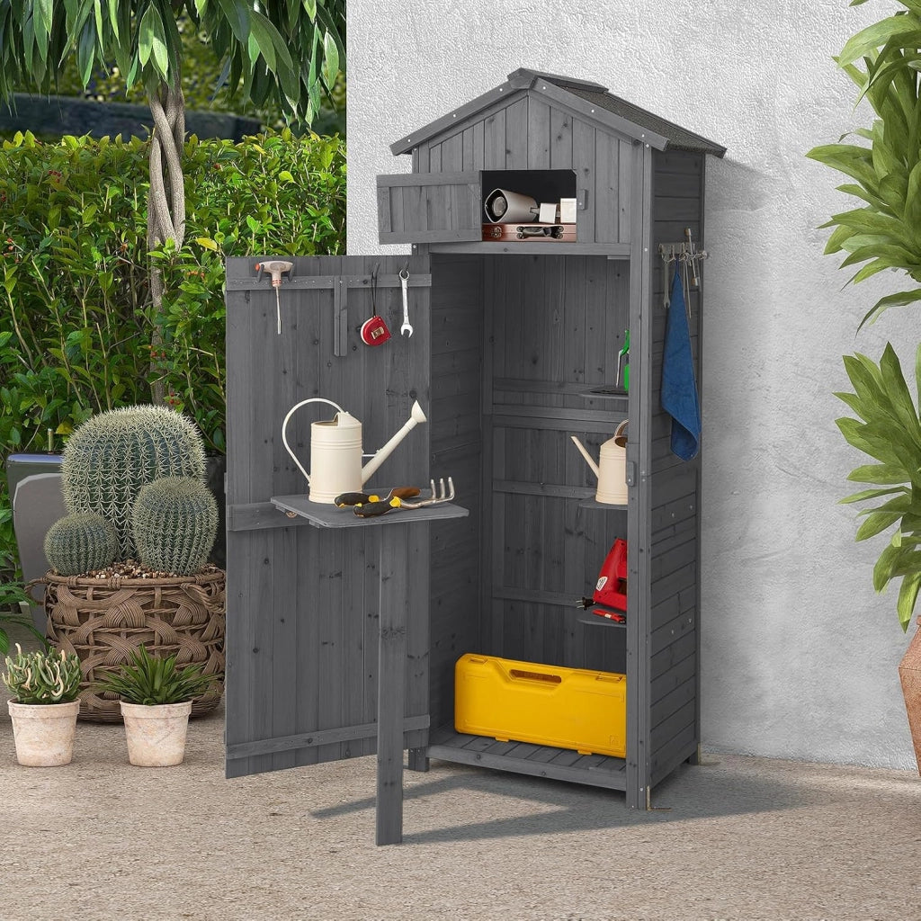 Armadio da Esterno in Legno, Capanno da Giardino con Serratura, Tavolo Pieghevole, Tetto Impermeabile, Ganci, Ripiani Rimovibili e 4 Staffe Metalliche, per Patio, Giardino e Cortile (Grigio)