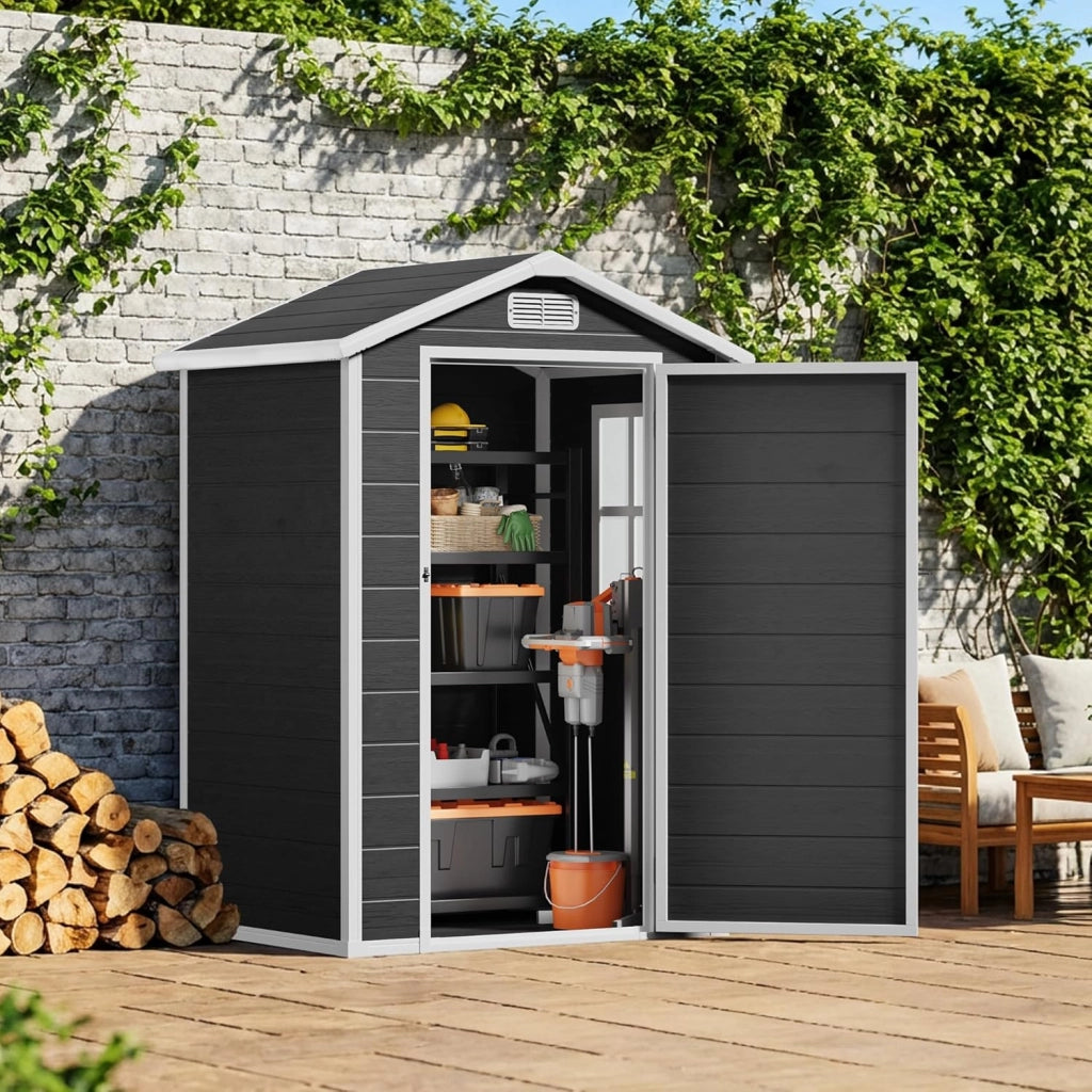 Casetta da Giardino in Resina, Capanno Porta Attrezzi Intemperie con Finestra e Ventilazione, Box Stoccaggio con Serratura per Attrezzi da Giardino, 122 x 92 x 187 cm (Nero)