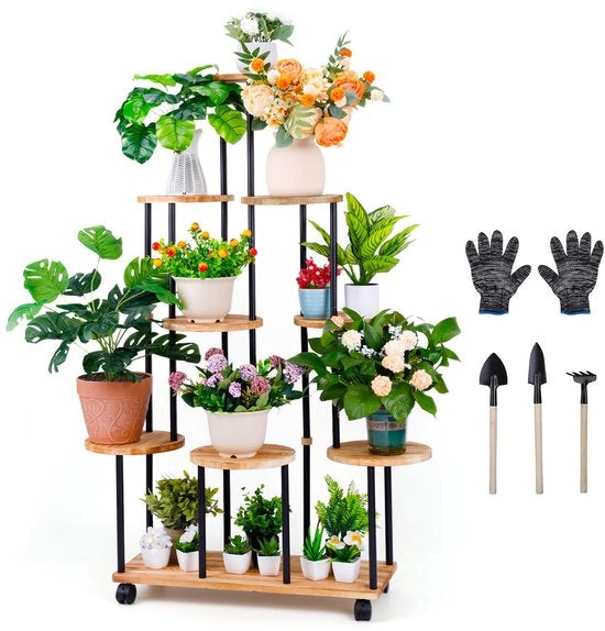 Piattaforma per piante con ruote, 9 livelli, base in legno, piattaforma alta per fiori in metallo, piattaforma per piante per interni, esterni per balcone, soggiorno, terrazzo, appartamento