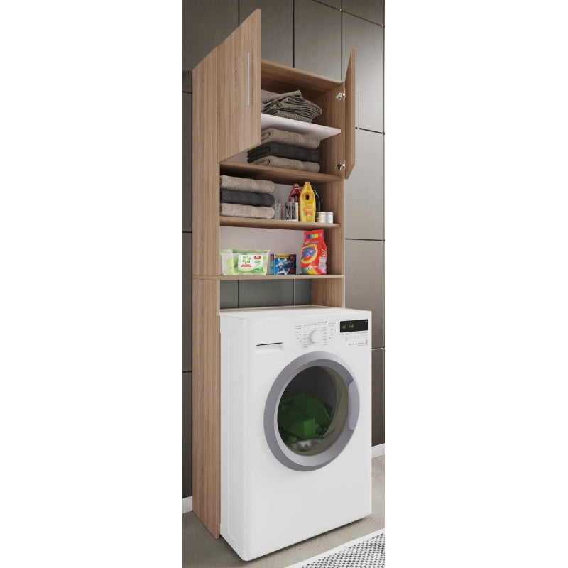 Colonna Lavanderia – Coprilavatrice con Ripiani In Legno Colore Noce H190 × L64 × P25 cm Soluzione Salvaspazio per Lavanderia