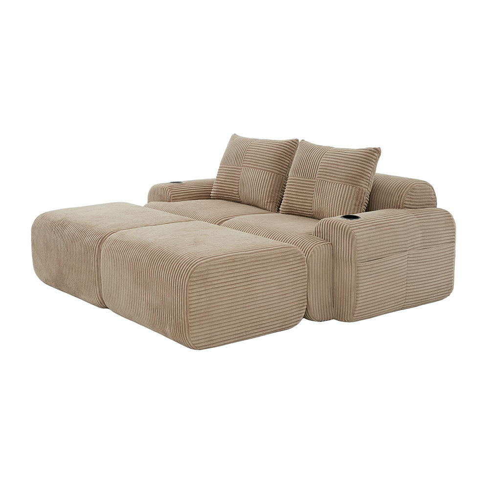 Divano modulare in velluto costato - Xylo - Per 2 persone con sgabelli, porta bevande e tasche laterali