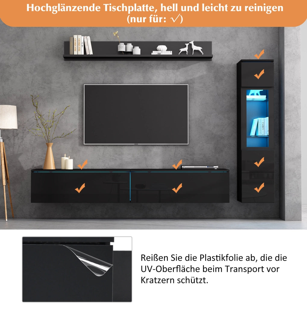 Set parete sospeso a 3 pezzi con illuminazione LED, nero lucido