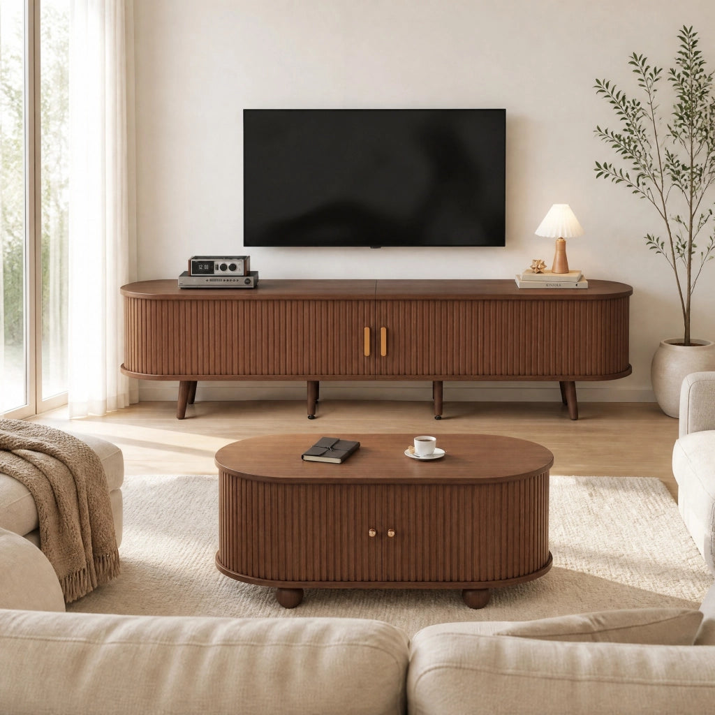 Set 2 pezzi soggiorno: mobile TV e tavolino da caffè in MDF colore noce con ampio spazio contenitivo