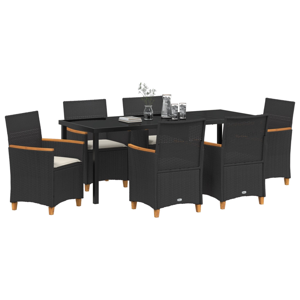 Set di Pranzo da Giardino 7 Pezzi con Cuscini in Rattan Poliestere Nero