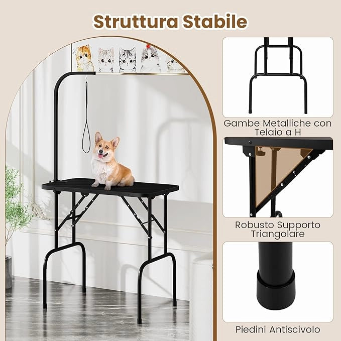 Tavolo Toelettatura e Tosatura per Animali, Accessori Pieghevole per Toilette per Cani con Bracci Regolabili in Altezza,Cappio e Piano Antiscivolo, Portata 100 kg (80,5 x 46 x 146 cm)